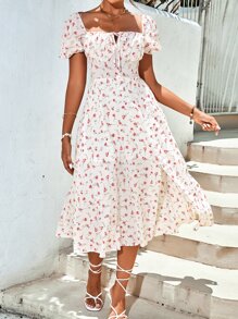 SHEIN Frenchy Allover Floral Square Neck Ruched Bust Puff Sleeve Split Thigh Dress - White - View 4