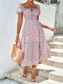 SHEIN Frenchy Allover Floral Square Neck Ruched Bust Puff Sleeve Split Thigh Dress - Baby Pink - View 5
