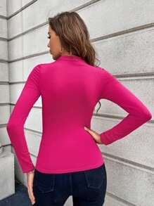 SHEIN Privé Asymmetrical Neck Solid Cut Out Tee - Hot Pink - View 2