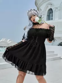 ROMWE PUNK Plus Swiss Dot Off Shoulder Grommet Lace Up Ruffle Hem Mesh Dress Without Gloves - Black - View 1