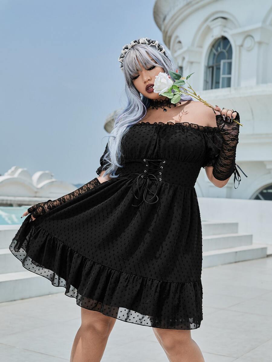 ROMWE PUNK Plus Swiss Dot Off Shoulder Grommet Lace Up Ruffle Hem Mesh Dress Without Gloves - Black - View 1