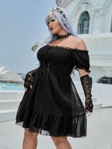 ROMWE PUNK Plus Swiss Dot Off Shoulder Grommet Lace Up Ruffle Hem Mesh Dress Without Gloves - Black - View 4