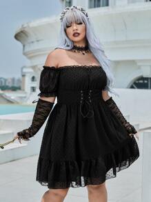 ROMWE PUNK Plus Swiss Dot Off Shoulder Grommet Lace Up Ruffle Hem Mesh Dress Without Gloves - Black - View 5
