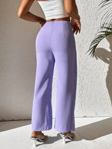 SHEIN PETITE 前扭結闊腿褲 - 紫丁香色 - 查看 2