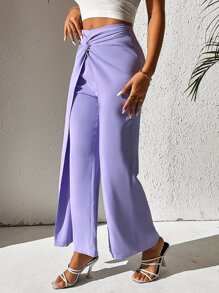 SHEIN PETITE 前扭結闊腿褲 - 紫丁香色 - 查看 3