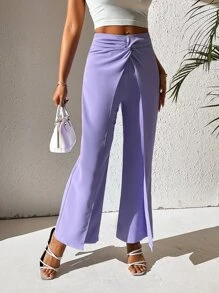 SHEIN PETITE 前扭結闊腿褲 - 紫丁香色 - 查看 5