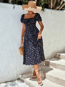 SHEIN Frenchy Allover Floral Square Neck Ruched Bust Puff Sleeve Split Thigh Dress - Navy Blue - View 4