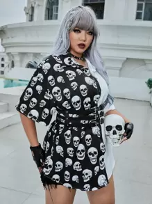 ROMWE PUNK Hơn Áo sơ mi In Đầu lâu Hai âm Thả vai Không có thắt lưng - Đen và trắng - Xem 1