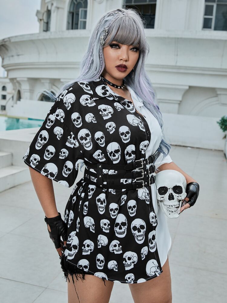 ROMWE PUNK 大碼骷髅頭圖案雙色落肩袖襯衫不附腰帶 - 黑與白 - 查看 1