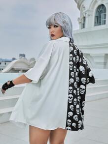 ROMWE PUNK Hơn Áo sơ mi In Đầu lâu Hai âm Thả vai Không có thắt lưng - Đen và trắng - Xem 2