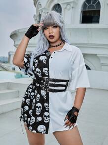 ROMWE PUNK Hơn Áo sơ mi In Đầu lâu Hai âm Thả vai Không có thắt lưng - Đen và trắng - Xem 3