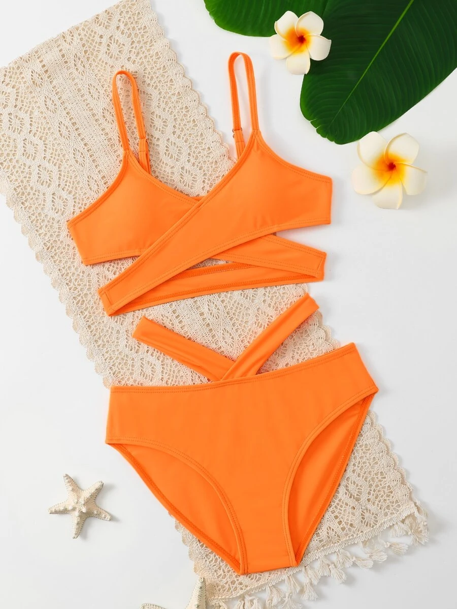 青少年女孩十字交叉镂空比基尼套装夏季海滩 - 橘色 - 查看 1