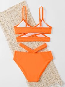 青少年女孩十字交叉镂空比基尼套装夏季海滩 - 橘色 - 查看 2