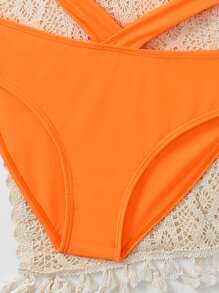 青少年女孩十字交叉镂空比基尼套装夏季海滩 - 橘色 - 查看 3