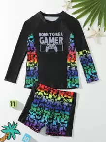 Tween Boy Gamepad & Slogan Graphic High Neck Raglan Sleeve Beach Swimsuit - Multicolor - View 1