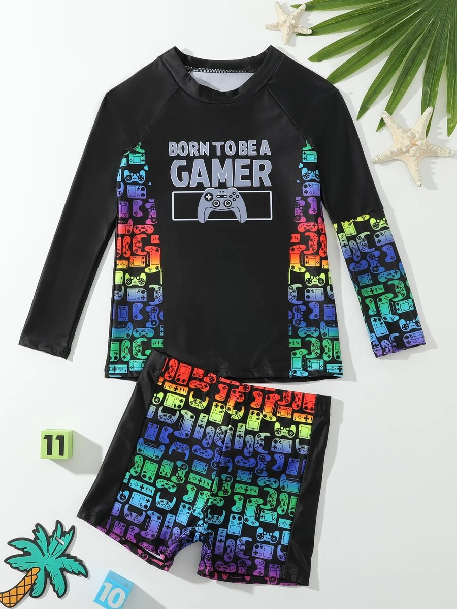 Tween Boy Gamepad & Slogan Graphic High Neck Raglan Sleeve Beach Swimsuit - Multicolor - View 1