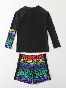 Tween Boy Gamepad & Slogan Graphic High Neck Raglan Sleeve Beach Swimsuit - Multicolor - View 2