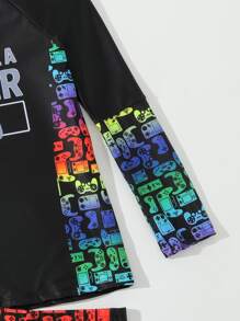 Tween Boy Gamepad & Slogan Graphic High Neck Raglan Sleeve Beach Swimsuit - Multicolor - View 5