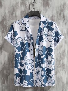 Manfinity Hombres 1 pieza Camisa con estampado floral - Azul y blanco - Ver 1