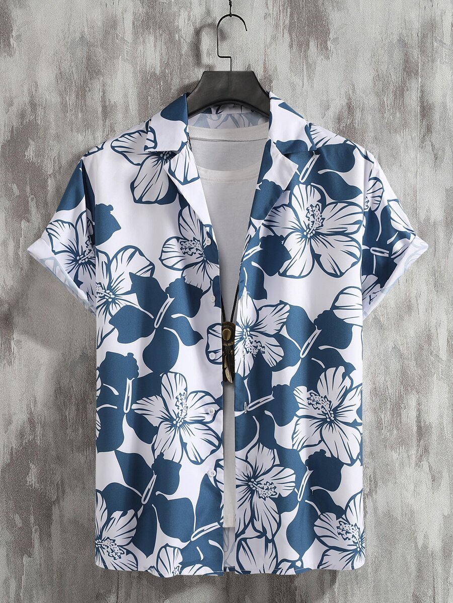 Manfinity Hombres 1 pieza Camisa con estampado floral - Azul y blanco - Ver 1