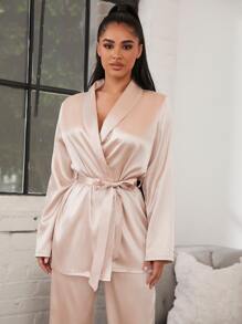 Solid Shawl Collar Belted Satin PJ Set - Champagne - View 4