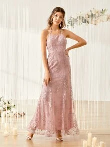 Floral Embroidery Mesh Overlay Tie Backless Bridesmaid Dress - Baby Pink - View 1