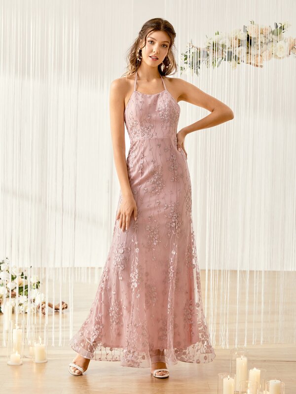 Floral Embroidery Mesh Overlay Tie Backless Bridesmaid Dress