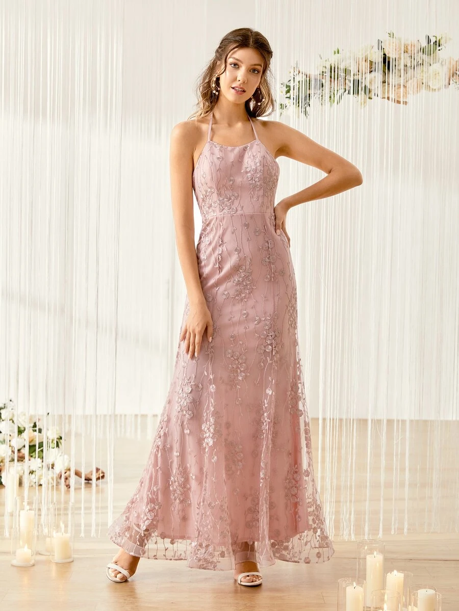 Floral Embroidery Mesh Overlay Tie Backless Bridesmaid Dress - Baby Pink - View 1