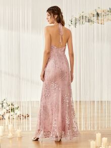 Floral Embroidery Mesh Overlay Tie Backless Bridesmaid Dress - Baby Pink - View 2