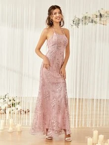 Floral Embroidery Mesh Overlay Tie Backless Bridesmaid Dress - Baby Pink - View 4