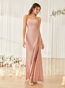 Contrast Mesh Rhinestone Split Thigh Bridesmaid Dress - Baby Pink - View 1