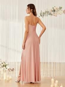Contrast Mesh Rhinestone Split Thigh Bridesmaid Dress - Baby Pink - View 2
