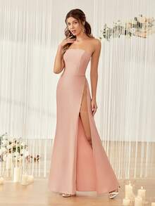 Contrast Mesh Rhinestone Split Thigh Bridesmaid Dress - Baby Pink - View 4
