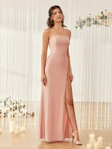 Contrast Mesh Rhinestone Split Thigh Bridesmaid Dress - Baby Pink - View 6
