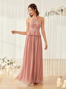 Contrast Lace Crisscross Back Peplum Chiffon Bridesmaid Dress - Dusty Pink - View 1