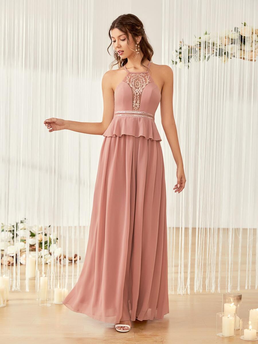 Contrast Lace Crisscross Back Peplum Chiffon Bridesmaid Dress - Dusty Pink - View 1