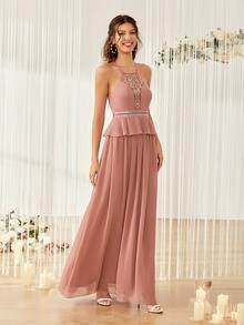 Contrast Lace Crisscross Back Peplum Chiffon Bridesmaid Dress - Dusty Pink - View 4