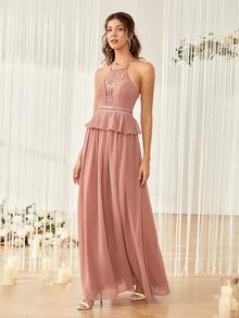 Contrast Lace Crisscross Back Peplum Chiffon Bridesmaid Dress - Dusty Pink - View 5