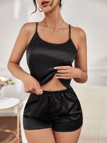 纯色不对称下摆缎面睡衣套装/睡衣套装 - 黑色 - 查看 4