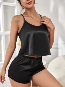 纯色不对称下摆缎面睡衣套装/睡衣套装 - 黑色 - 查看 5