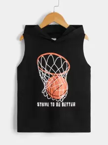 SHEIN Tween Boy Basketball & Slogan Graphic Hooded Tank Top - Black - View 1