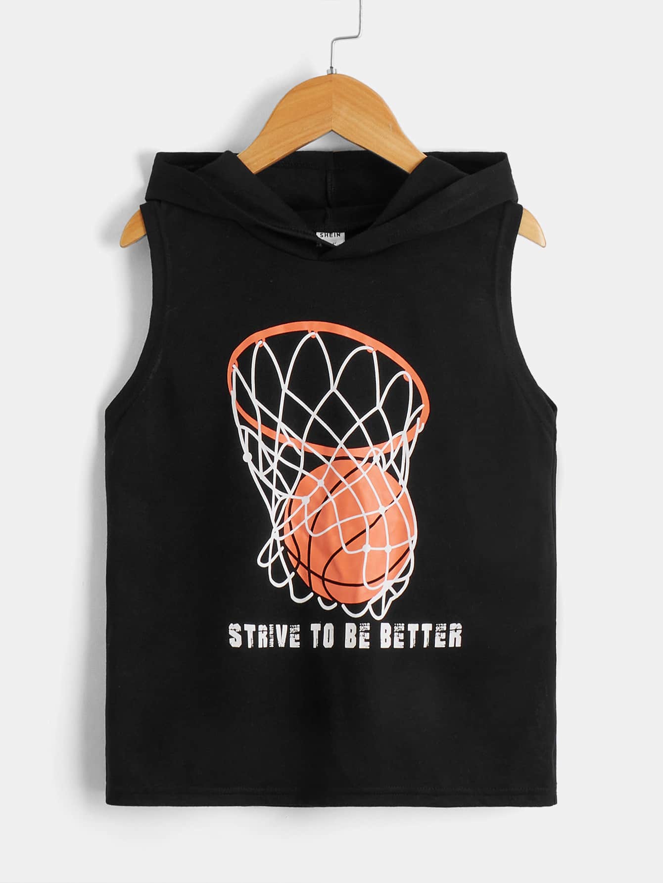 SHEIN Tween Boy Basketball & Slogan Graphic Hooded Tank Top - Black - View 1