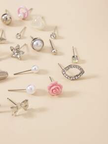 30對水鑽和人造珍珠裝飾耳釘 - 彩色 - 查看 3