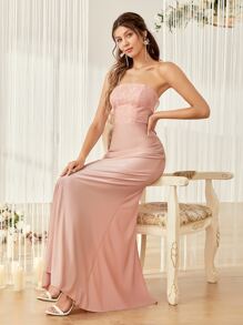 Vestido de dama de honor con encaje en contraste tubo - Rosa Pálido - Ver 1