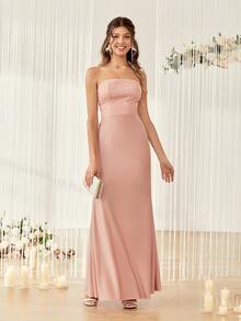 Vestido de dama de honor con encaje en contraste tubo - Rosa Pálido - Ver 3