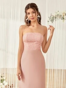 Vestido de dama de honor con encaje en contraste tubo - Rosa Pálido - Ver 4