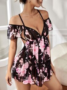 花卉印花露肩交叉露背雪纺睡衣睡裙 - 彩色 - 查看 4