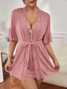 Lace Panel Flounce Sleeve Belted Mesh Robe & Cami Dress PJ Set / Pajama Set Without Lingerie