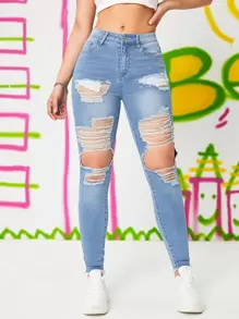 SHEIN EZwear Ripped Cut Out Skinny Jeans - Light Wash - View 4
