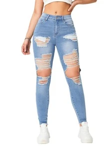 SHEIN EZwear Ripped Cut Out Skinny Jeans - Light Wash - View 7
